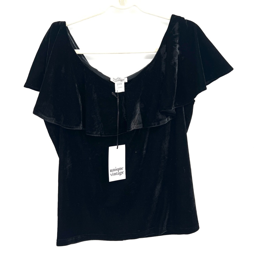 NEW Unique Vintage ruffle off the shoulder black velvet retro top whimsigoth 2X